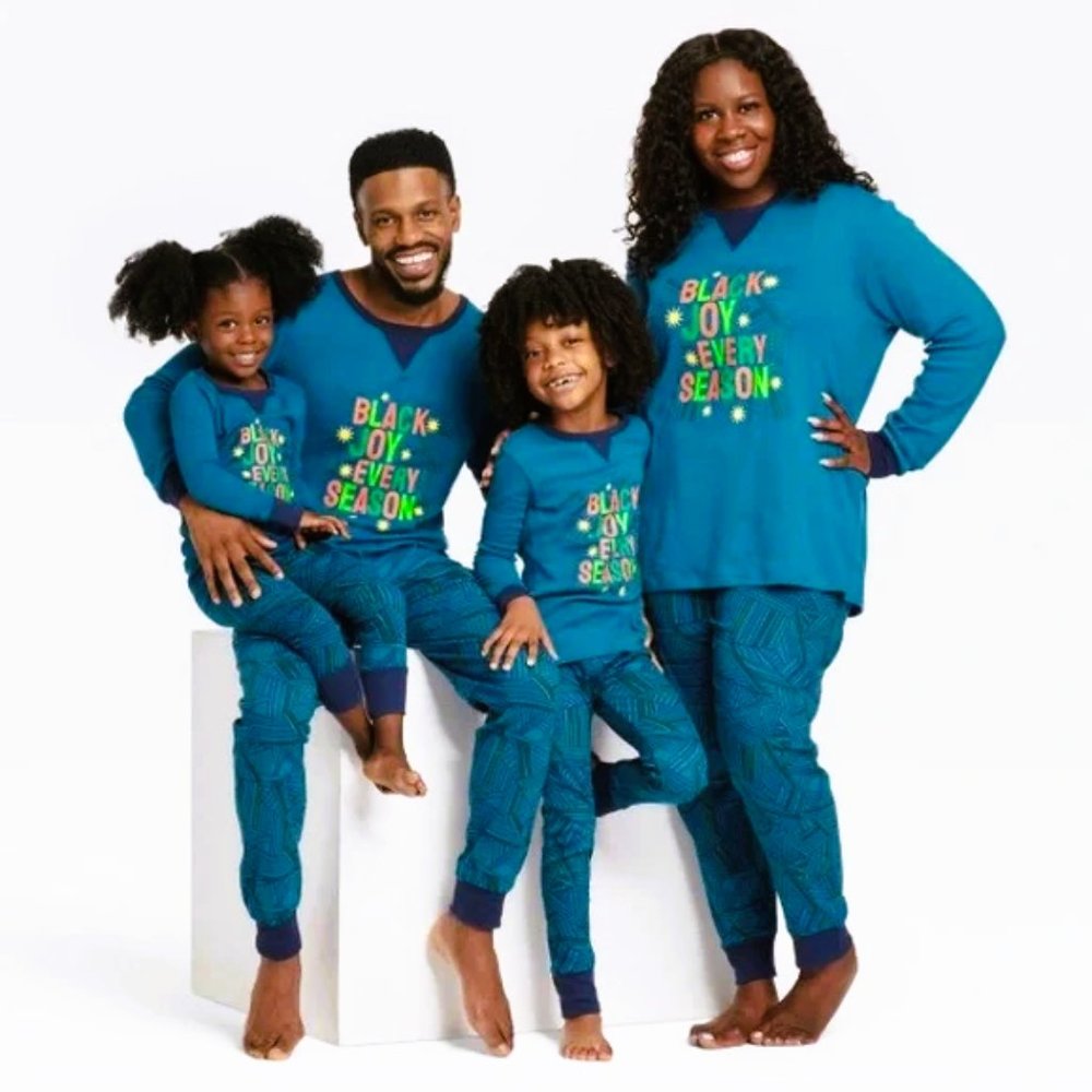 WONDERSHOP Matching Family Pajama Sets.  Text: BLACK JOY EVERY SEASON. Mens